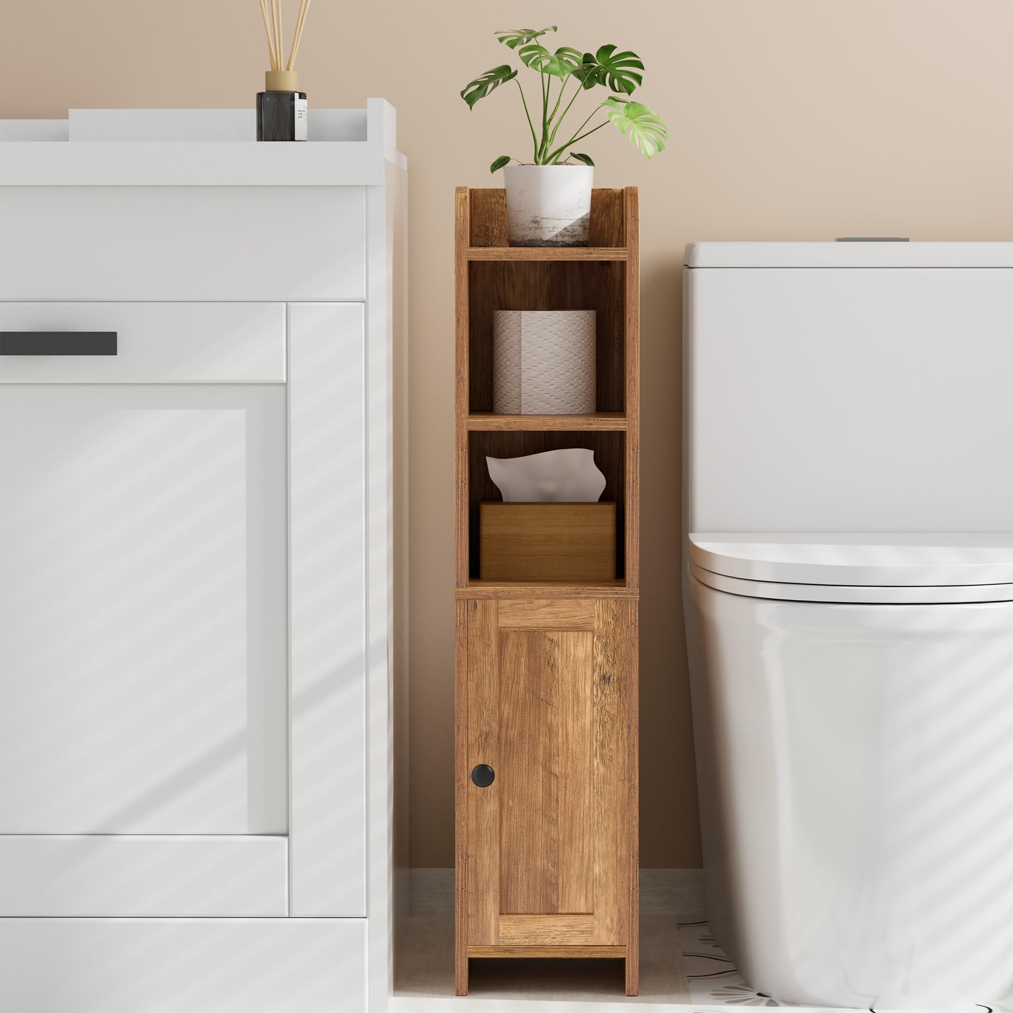 Homhedy bathroom scene shows a sturdy, space-saving cabinet in use.