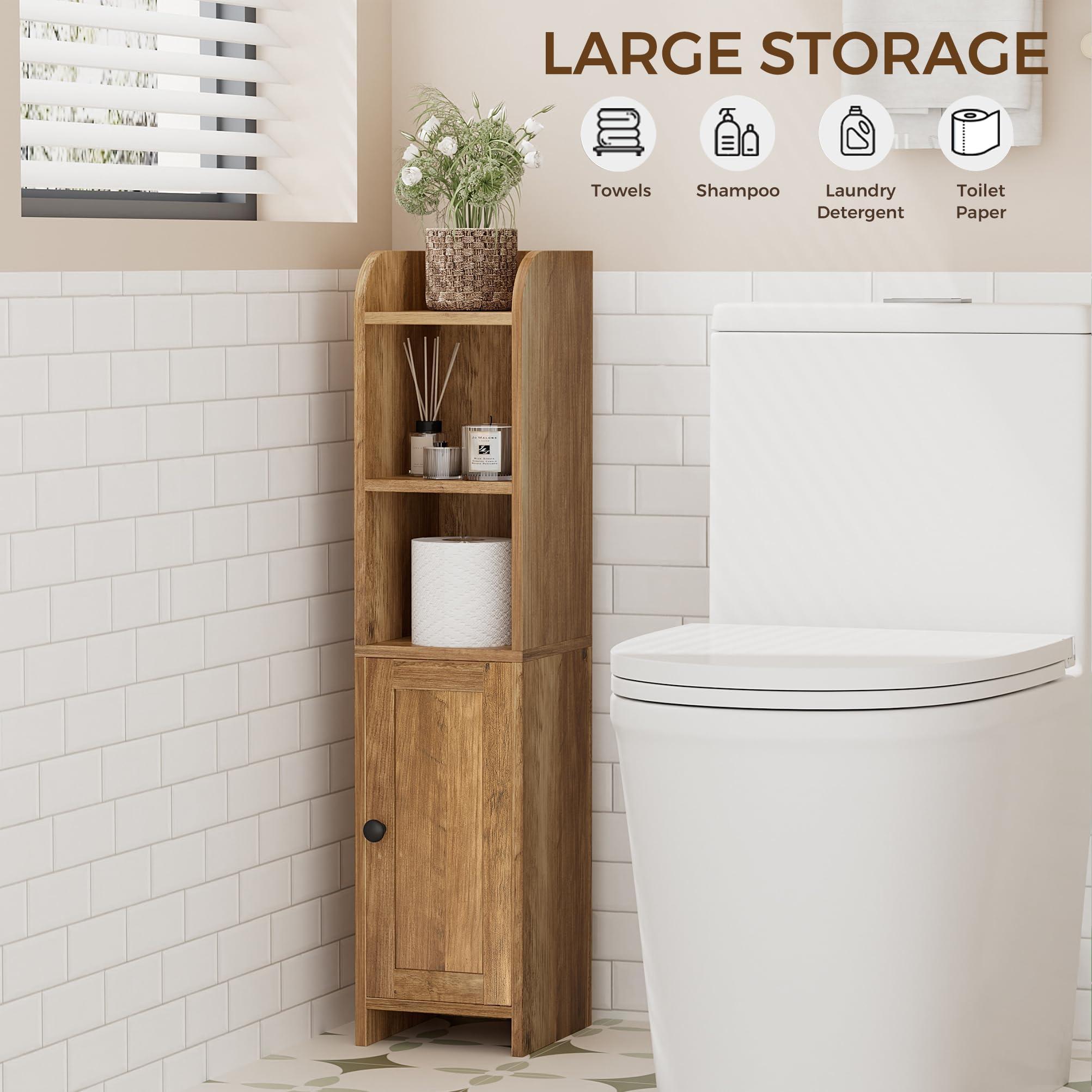 Homhedy cabinet includes two toilet paper compartments beside the toilet.