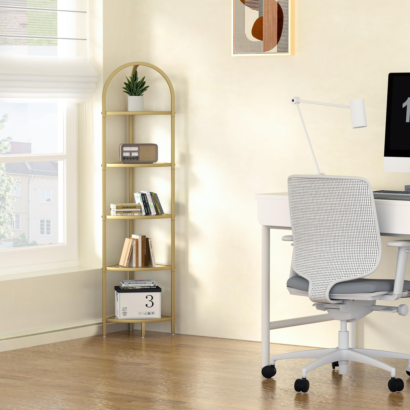 Homhedy easy-assembly shelving unit with included hardware.