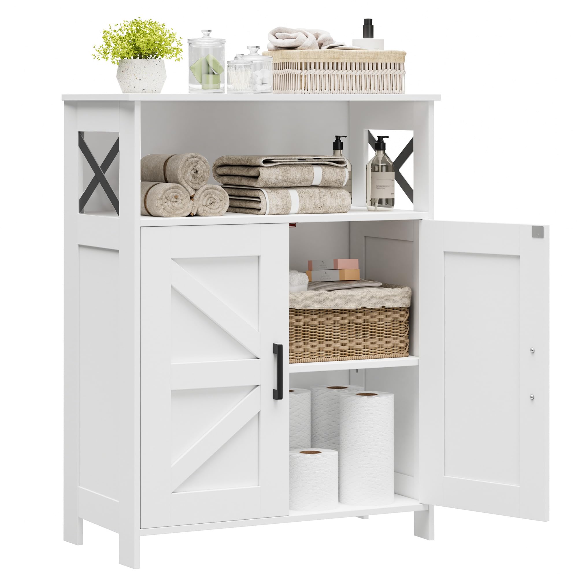 Homhedy farmhouse cabinet with open shelf for towels and everyday essentials.