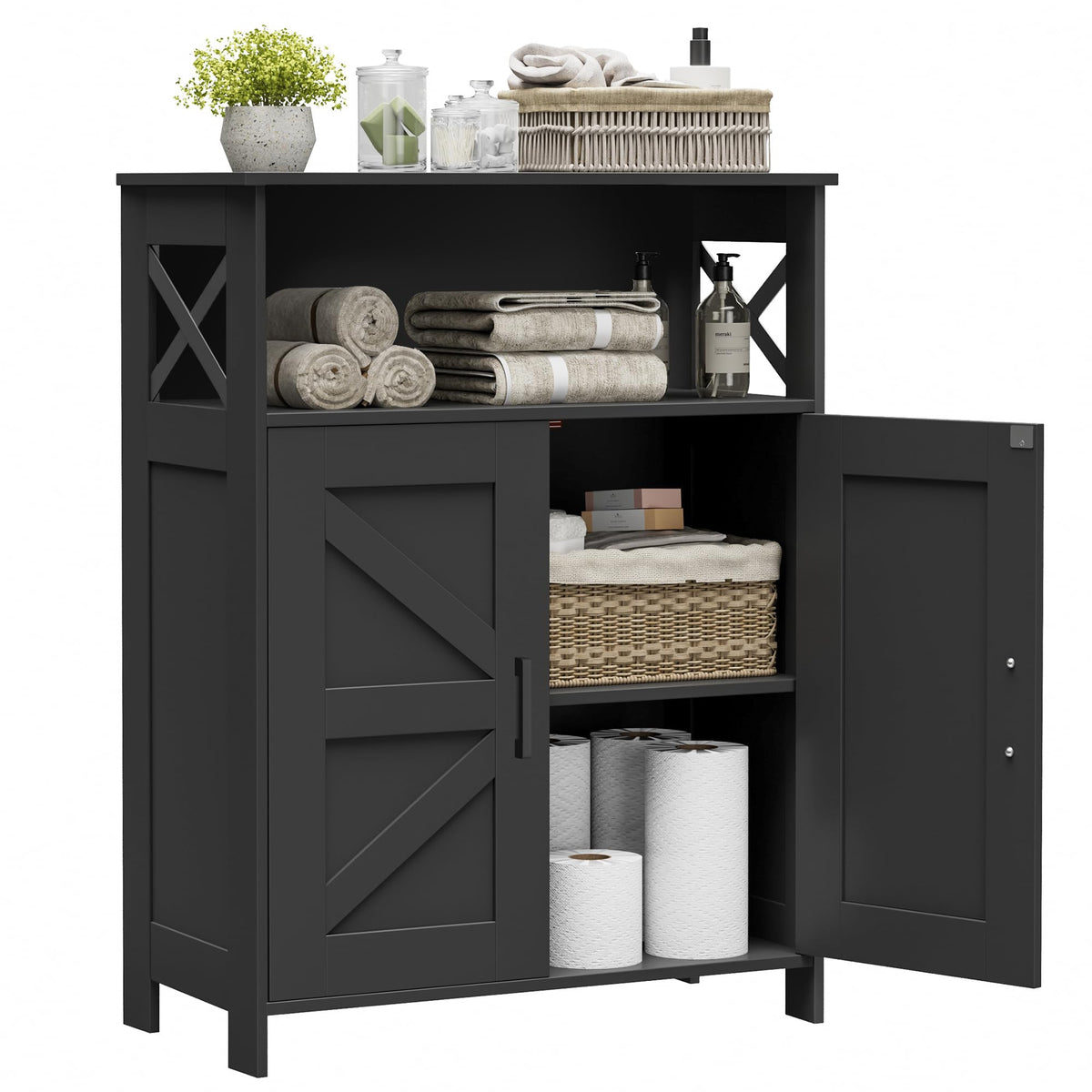 Homhedy farmhouse cabinet with two doors for organized bathroom storage.