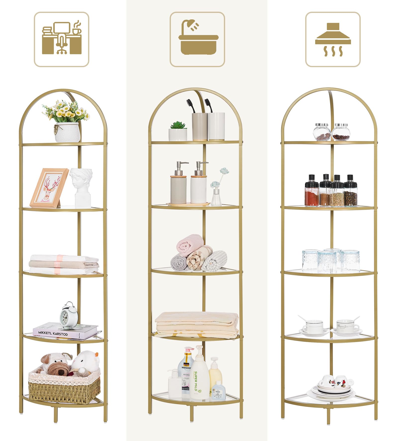 Homhedy golden metal frame with tempered glass shelves for modern display.