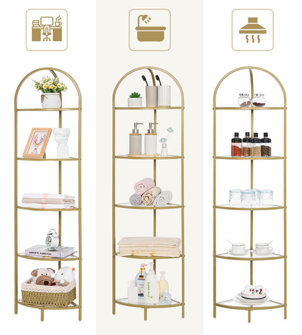 Homhedy golden metal frame with tempered glass shelves for modern display.
