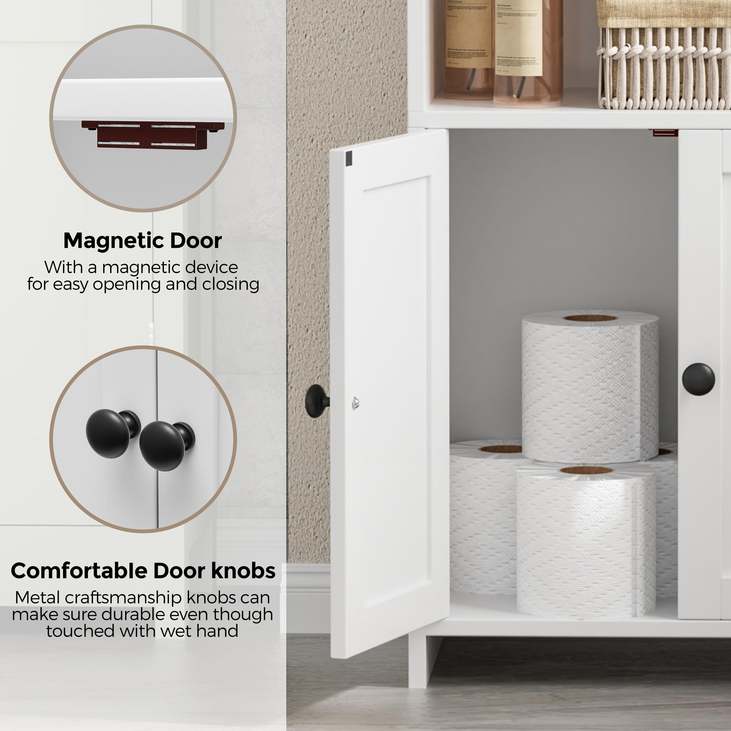 Homhedy cabinet bottom hidden compartment stores spare toilet paper.