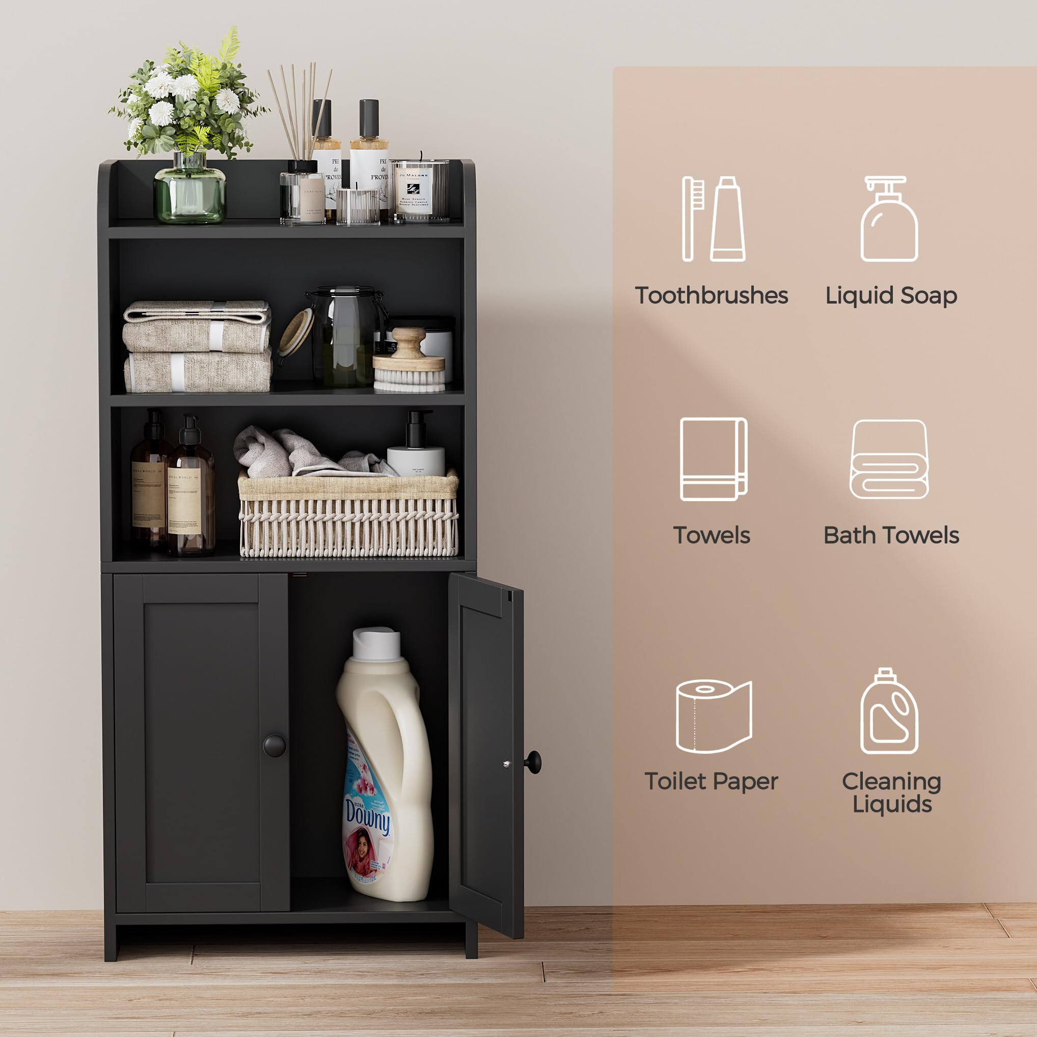 Homhedy cabinet bottom hidden storage hides spare toilet paper.