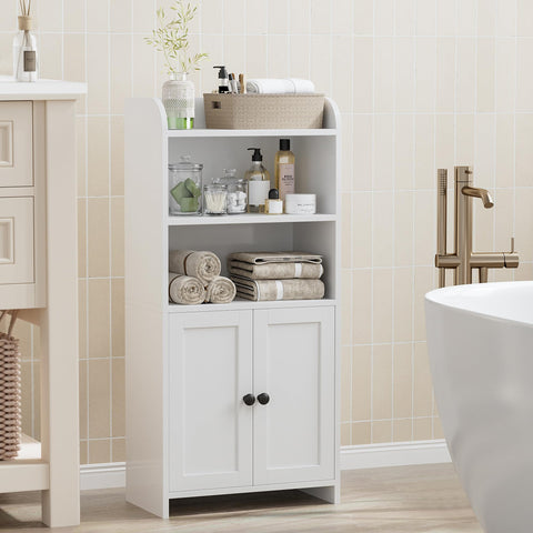 Homhedy cabinet with doors open shows accessible storage.