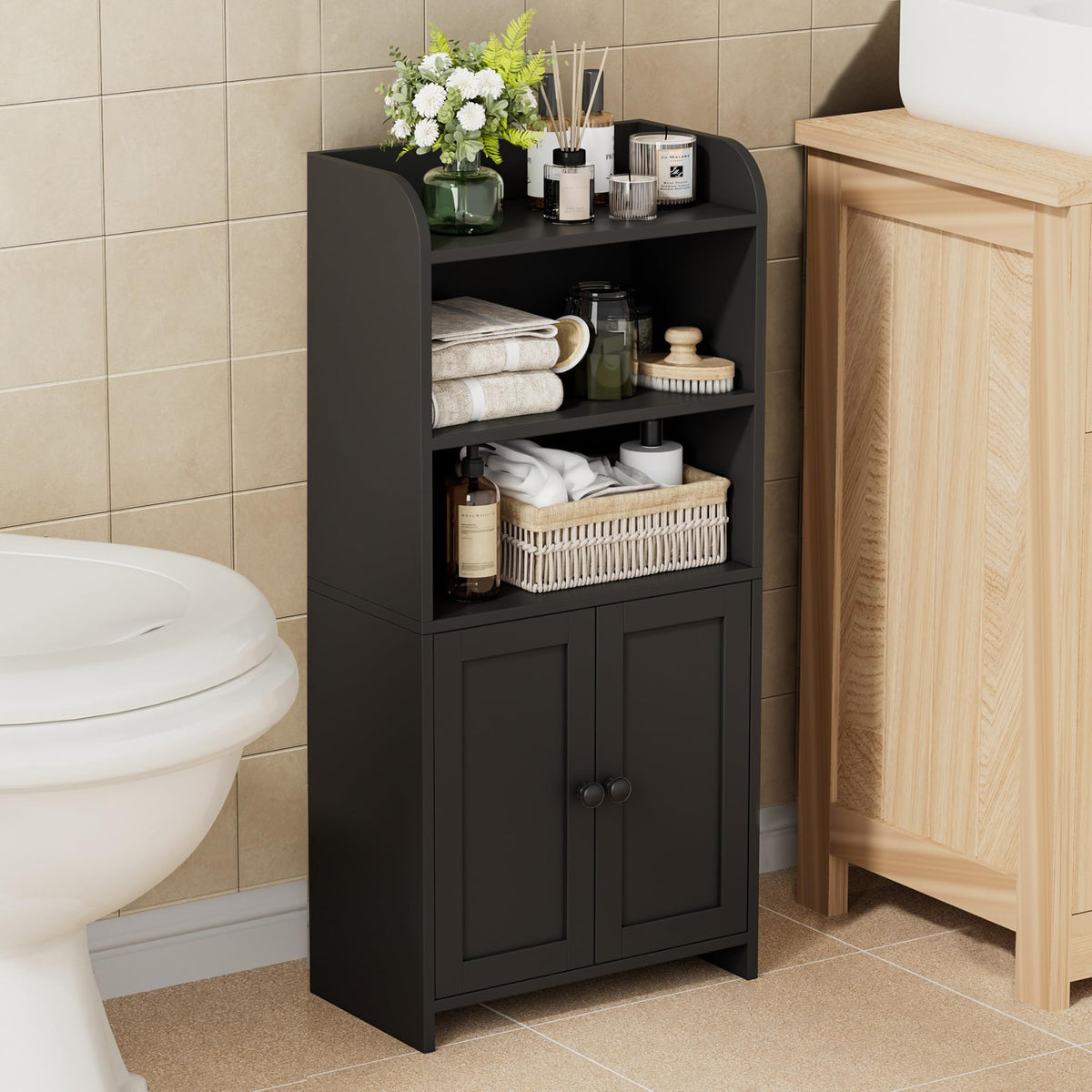 Homhedy small bathroom cabinet front view with two doors for tidy storage.