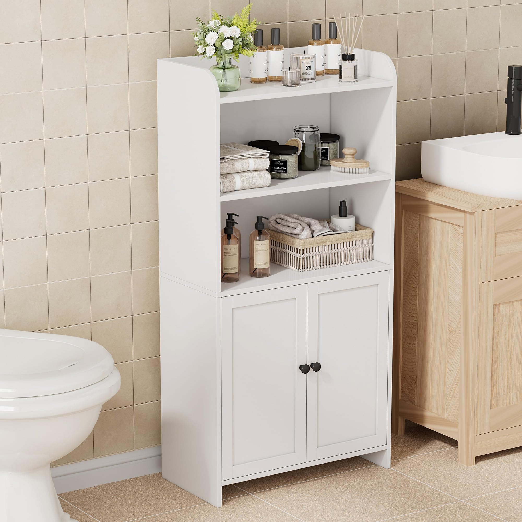Homhedy storage cabinet front view, slim fit beside the toilet for towels.