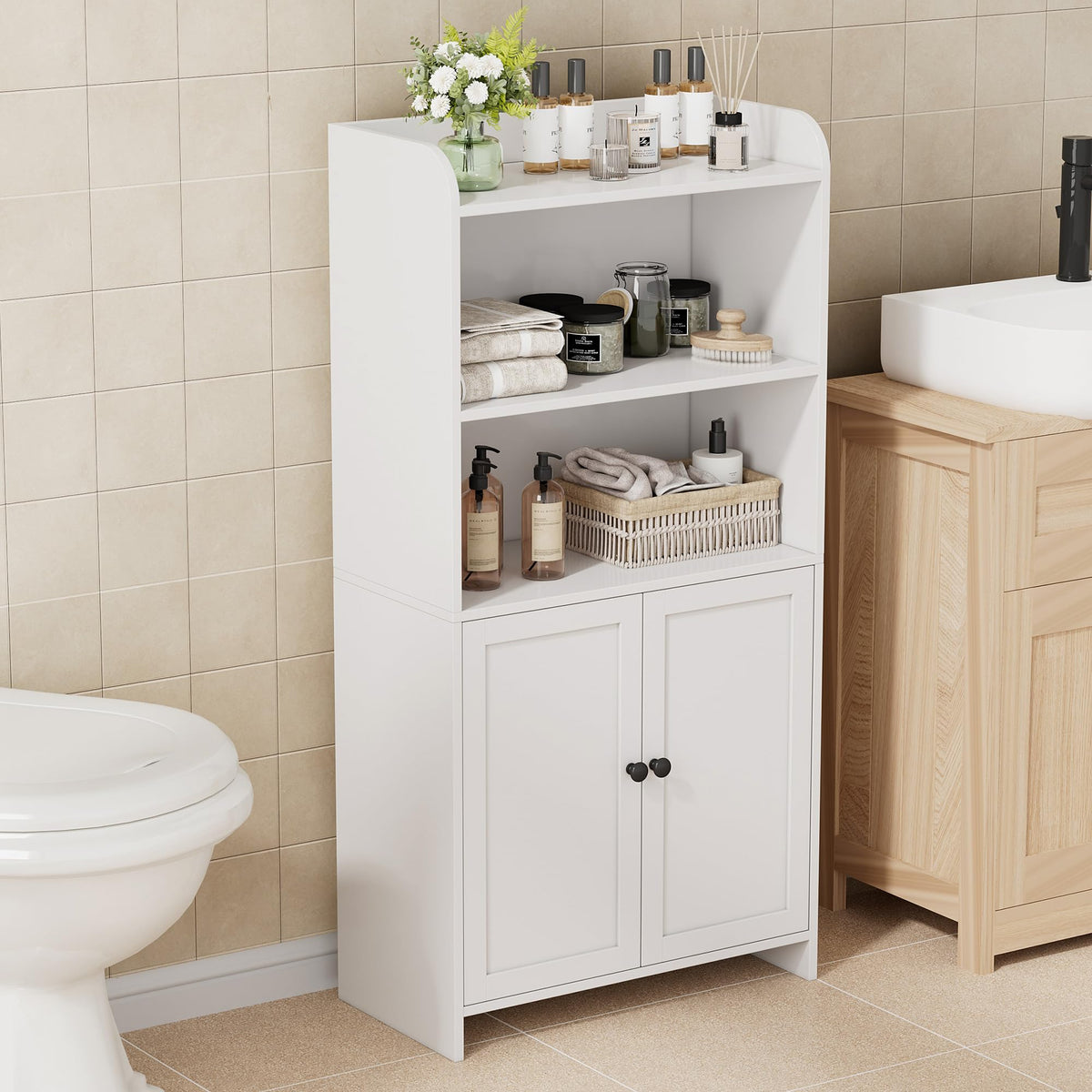 Homhedy storage cabinet front view, slim fit beside the toilet for towels.