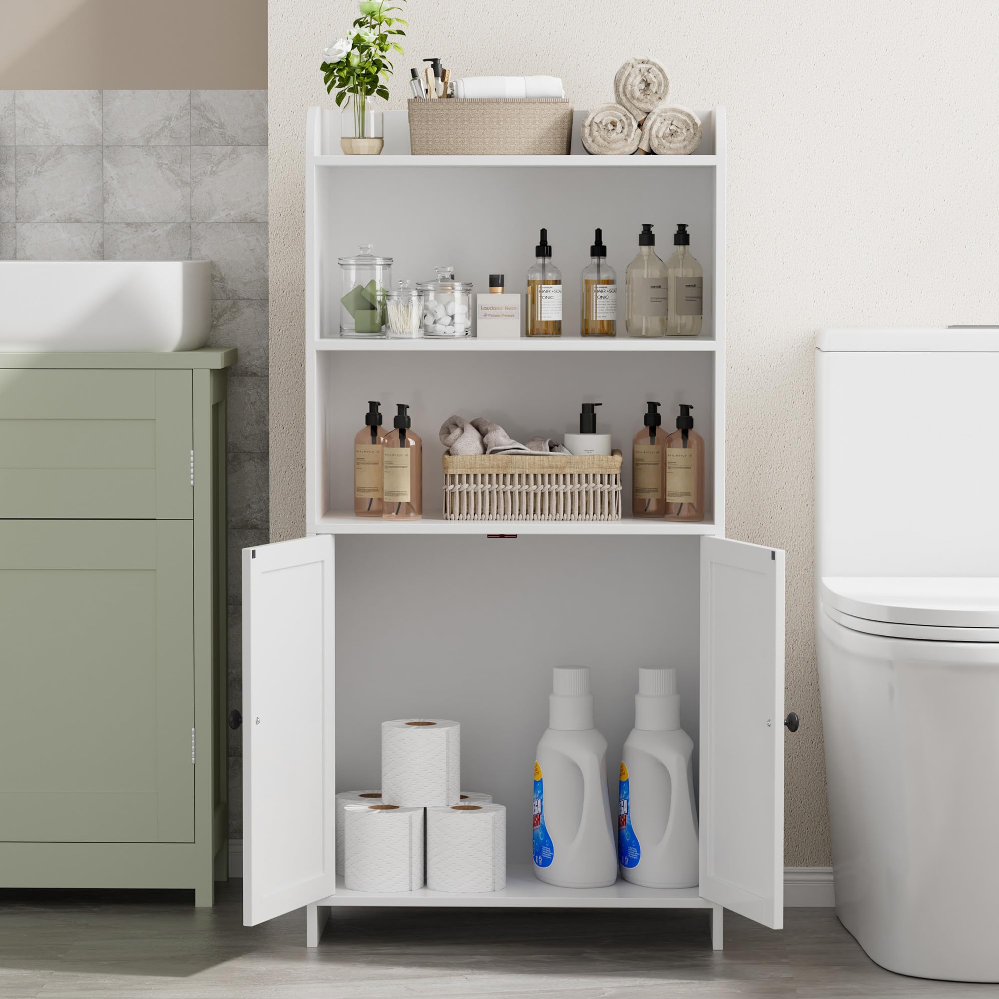 Homhedy cabinet in laundry room organizing detergents and towels.