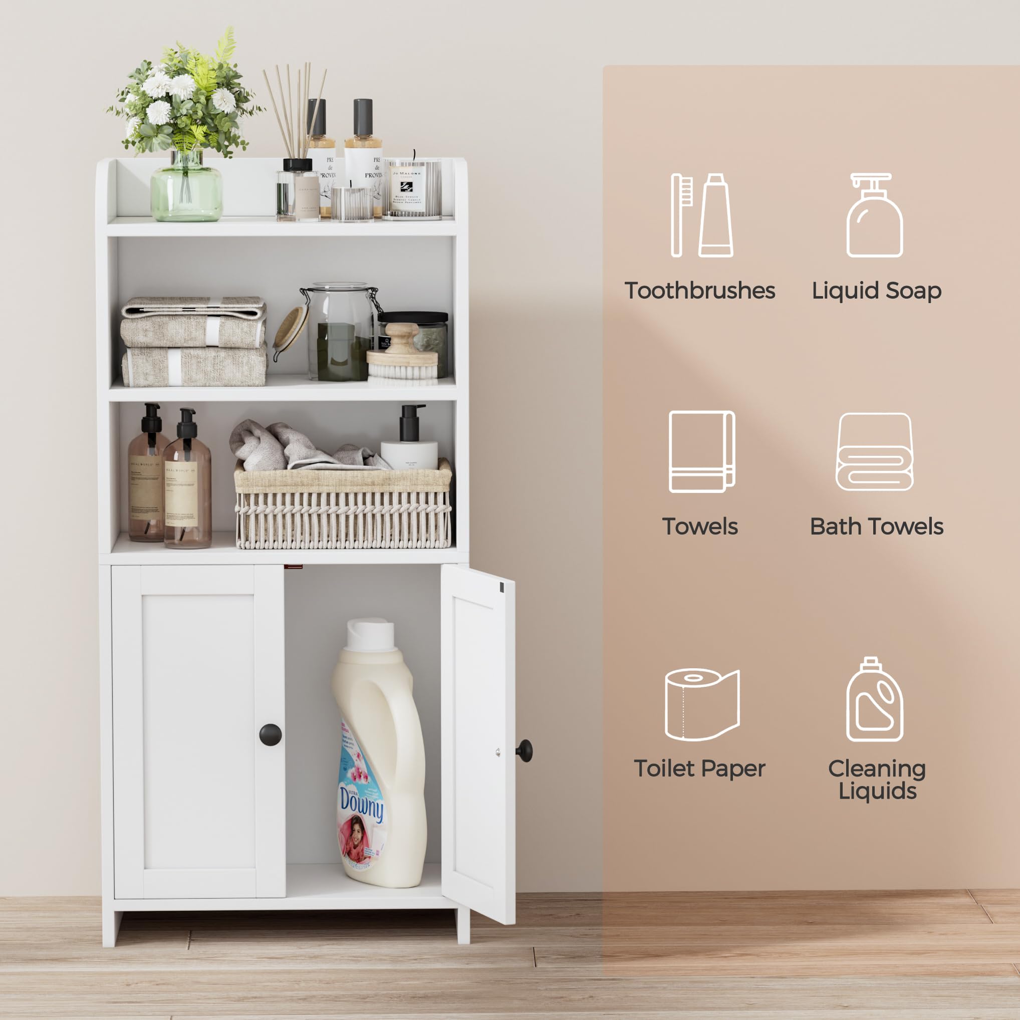 Homhedy cabinet middle shelf organized for toiletries.