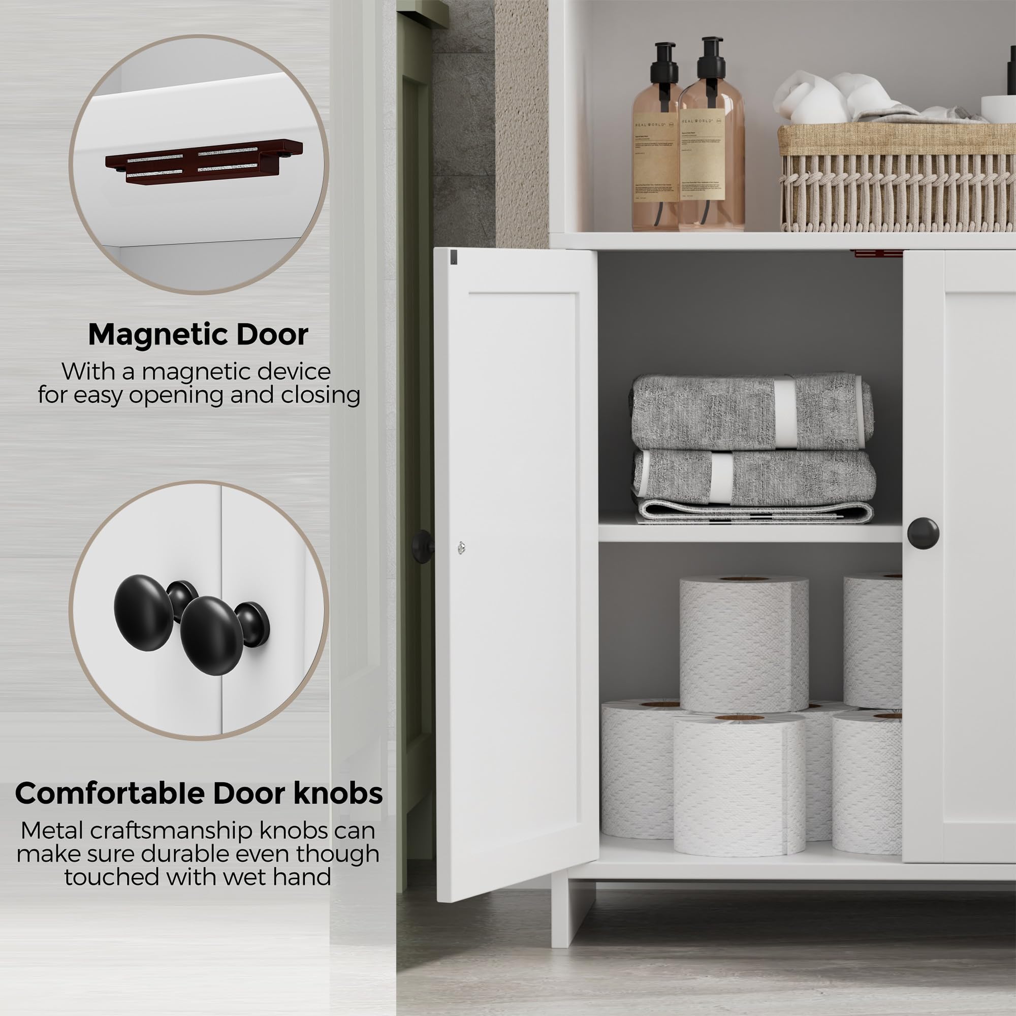 Homhedy cabinet middle shelf accessible for daily toiletries.