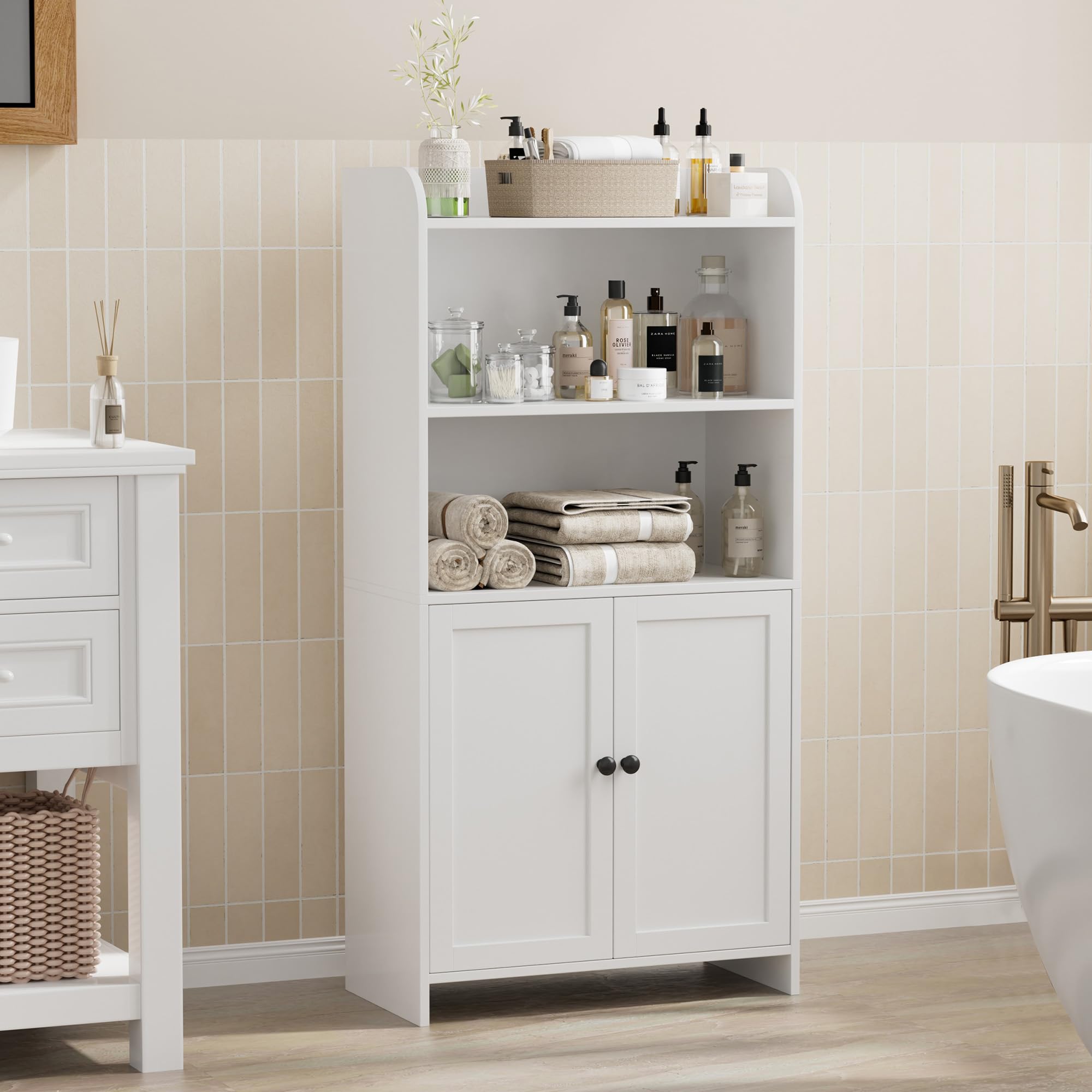 Homhedy white cabinet complements clean spaces in bathrooms.