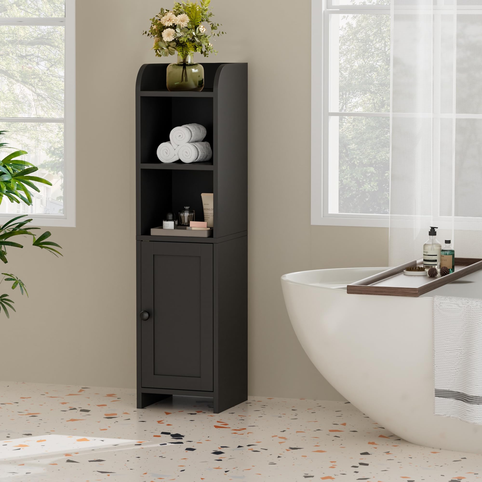 Homhedy corner-fit black cabinet saves space beside the toilet for quick access.