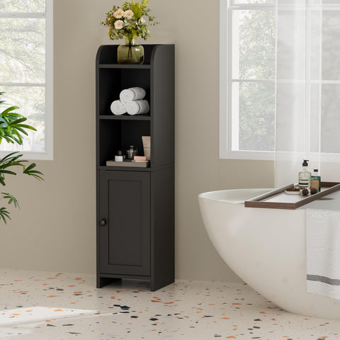 Homhedy corner-fit black cabinet saves space beside the toilet for quick access.