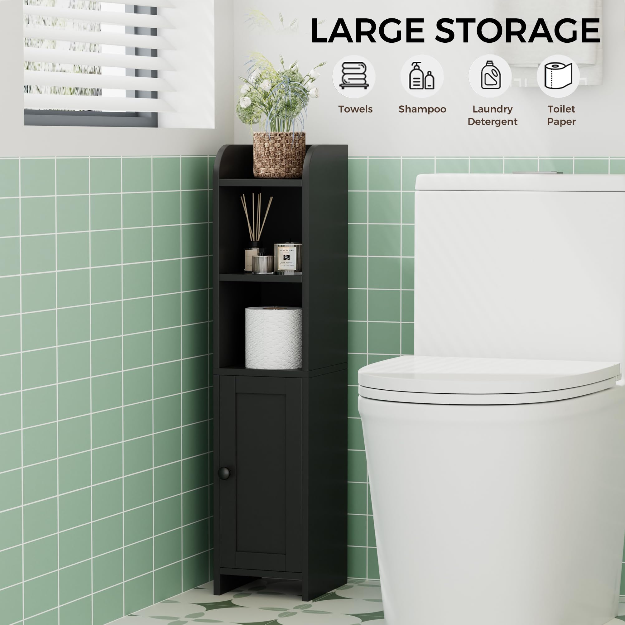 Homhedy toilet brush compartment helps store cleaning tools neatly.