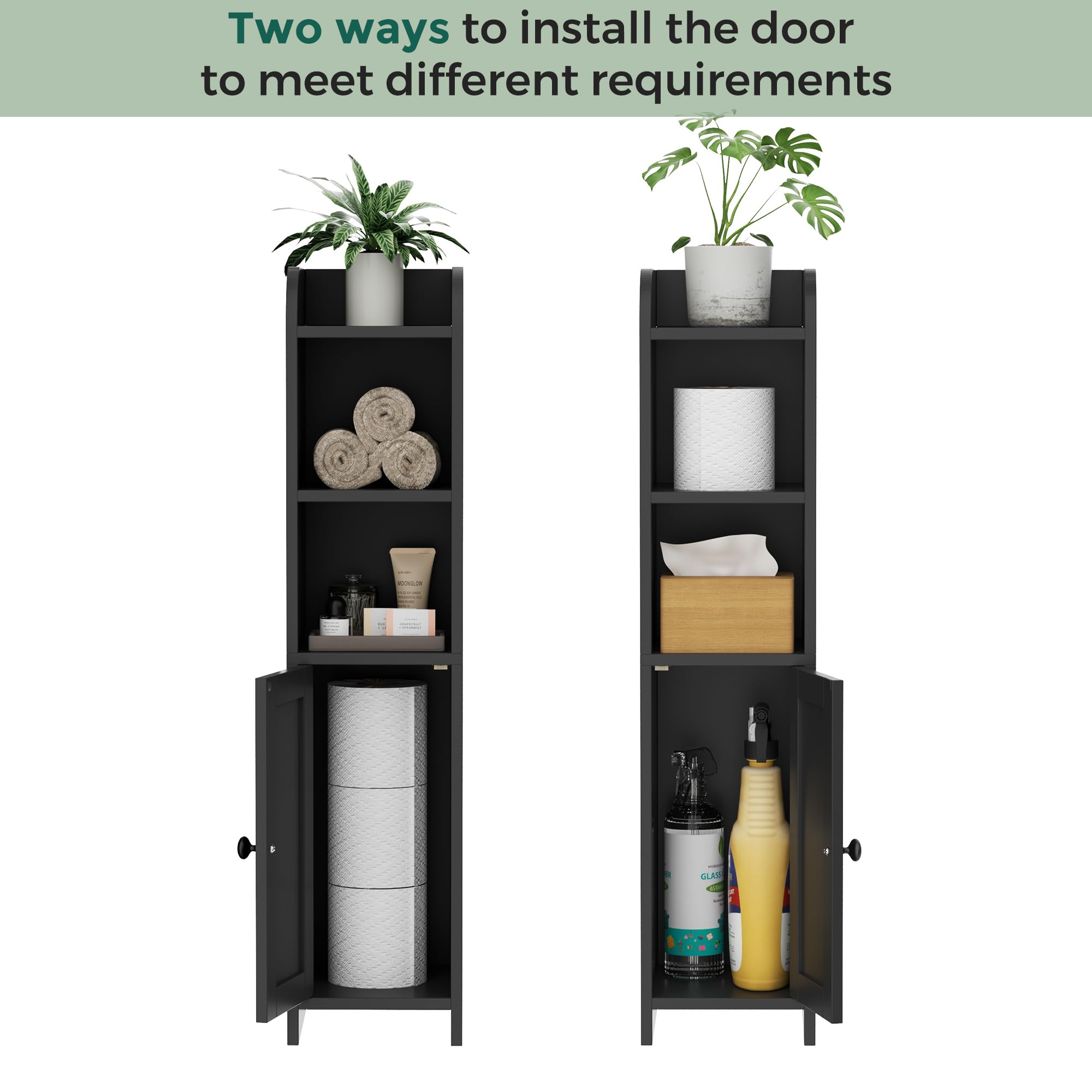 Homhedy cabinet with toilet paper compartments keeps rolls within reach.