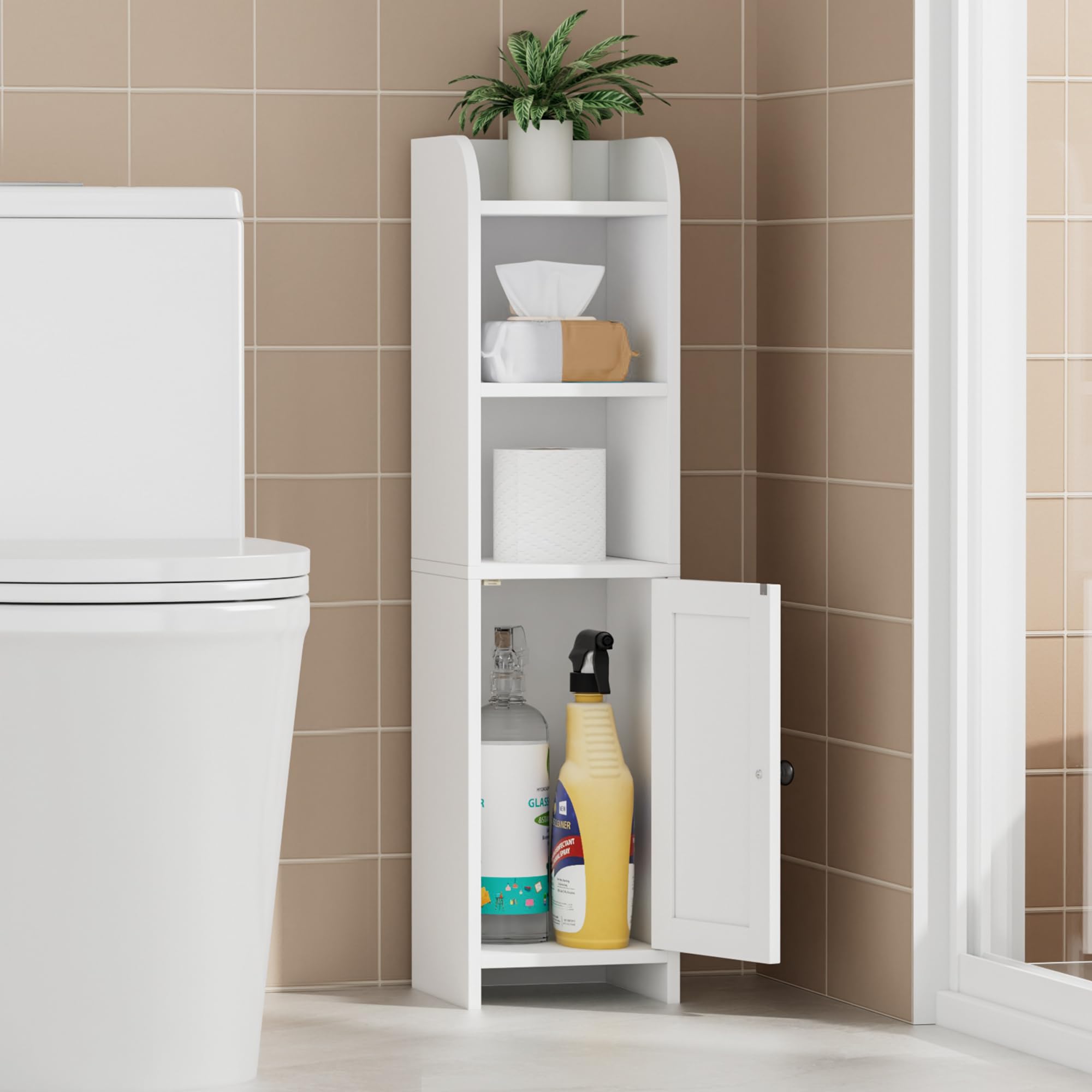 Homhedy corner cabinet with door and shelves keeps bathroom organized in white.