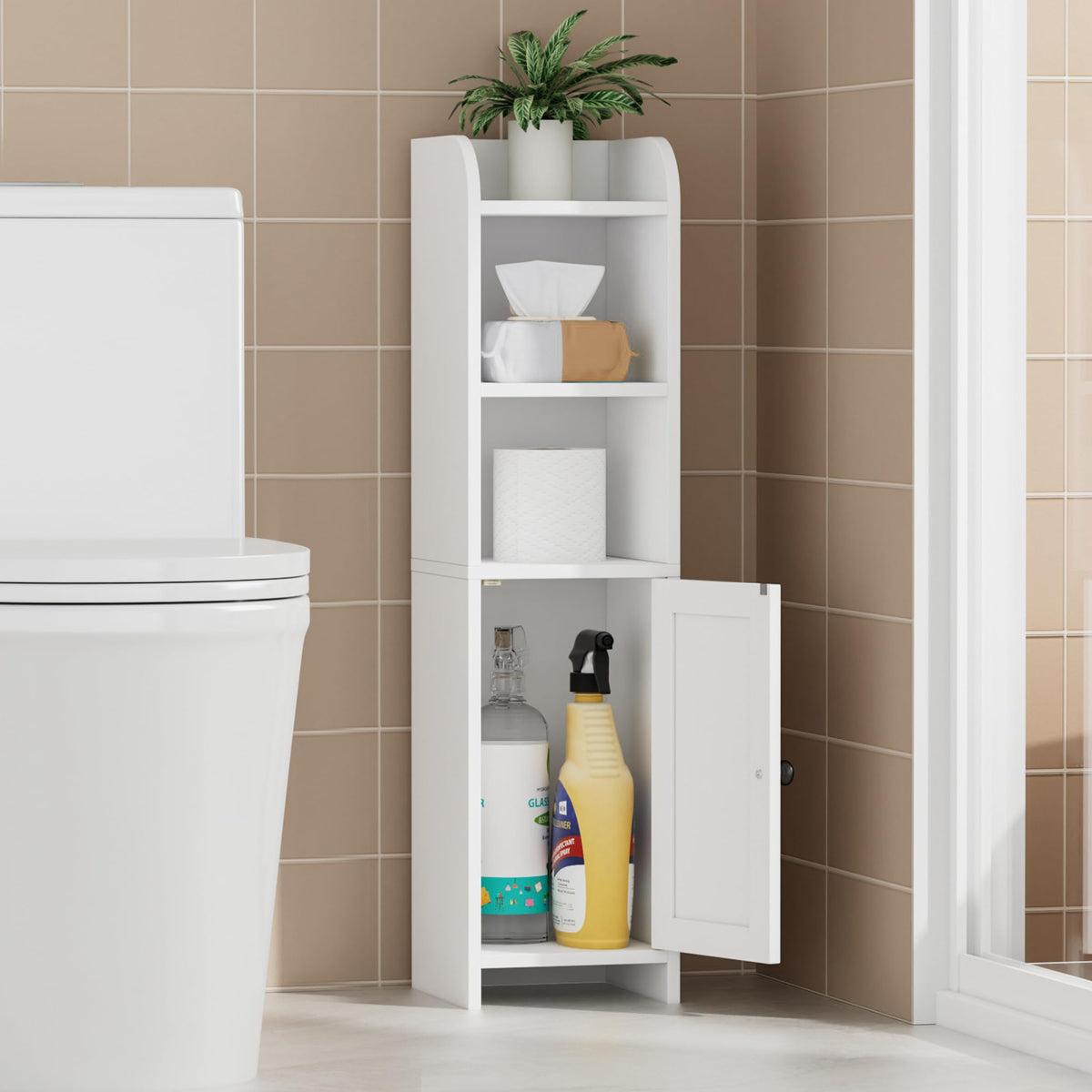 Homhedy corner cabinet with door and shelves keeps bathroom organized in white.