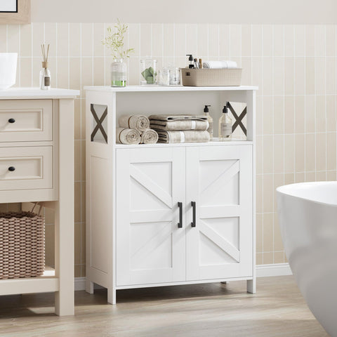 White farmhouse finish complements kitchens, laundry rooms, and living areas.