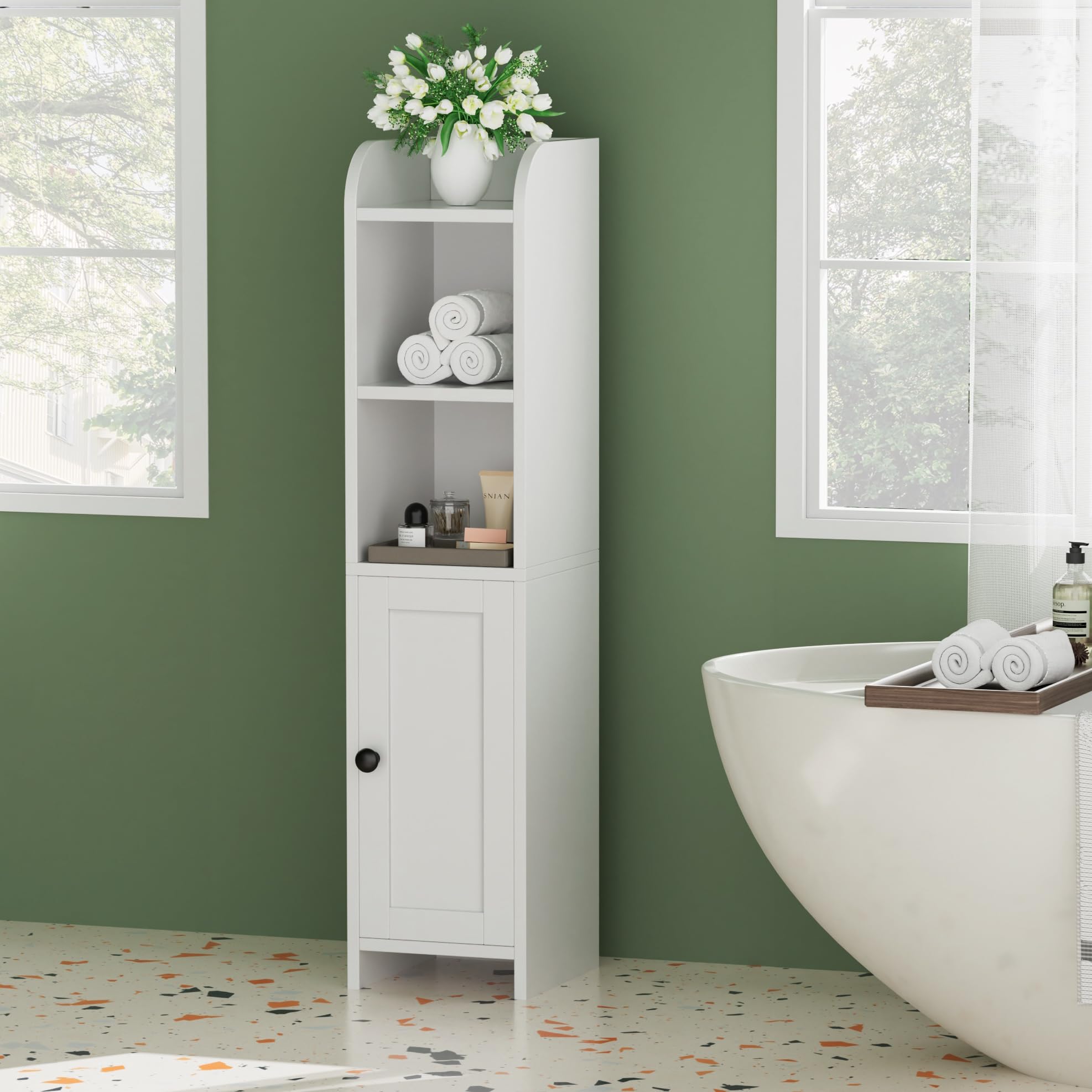 Homhedy white finish corner cabinet fits clean, modern bathrooms.