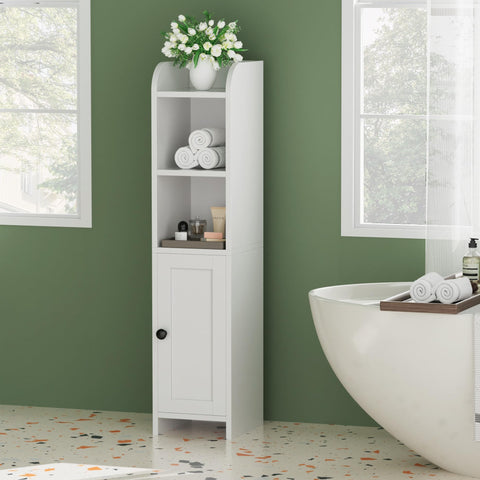 Homhedy white finish corner cabinet fits clean, modern bathrooms.