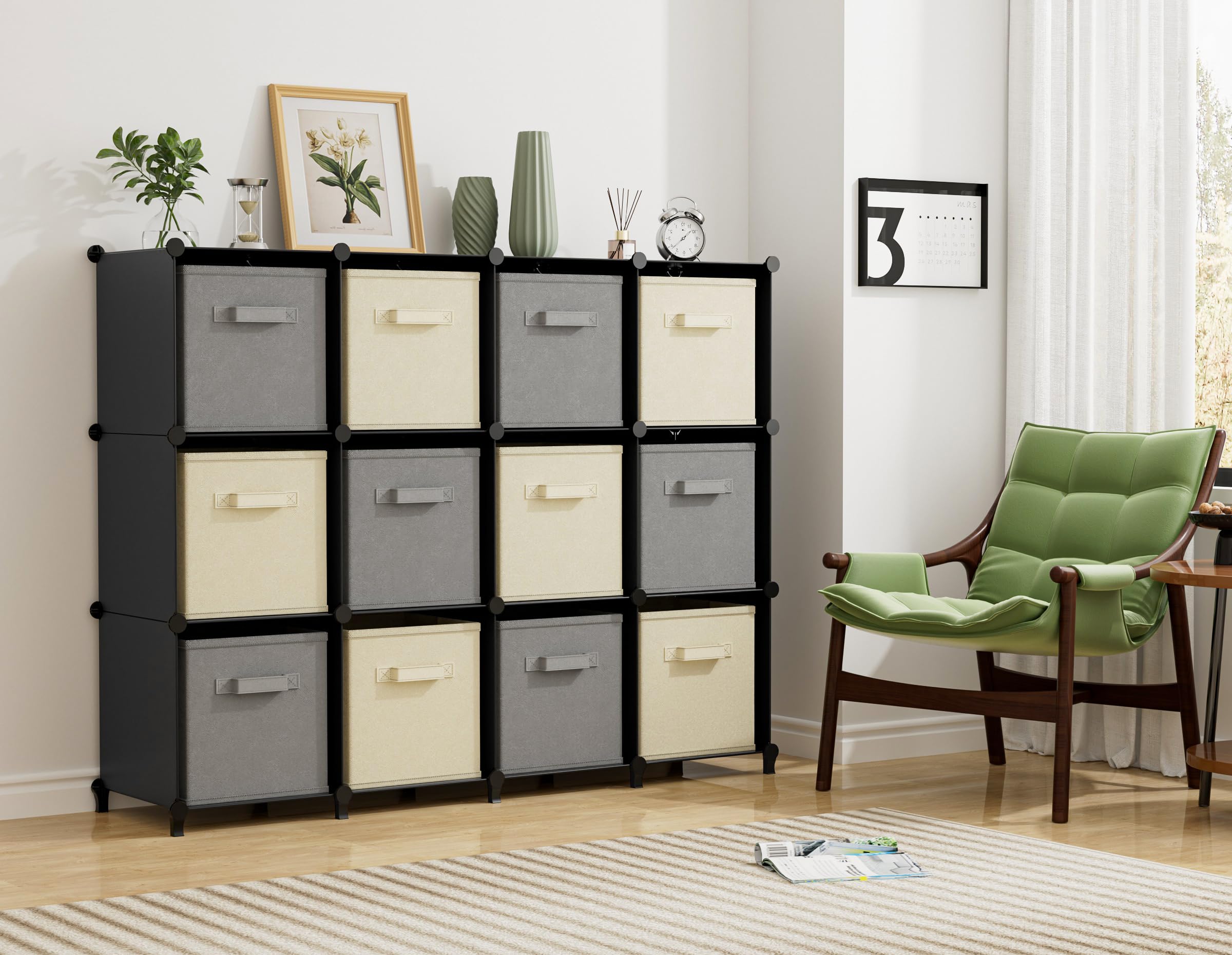 HOMIDEC 12-cube organizer bedroom setup keeps clothing and essentials neatly stored.