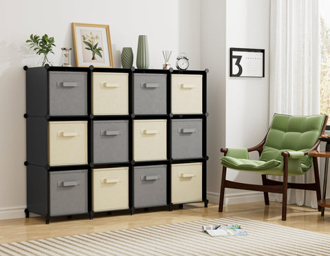 HOMIDEC 12-cube organizer bedroom setup keeps clothing and essentials neatly stored.