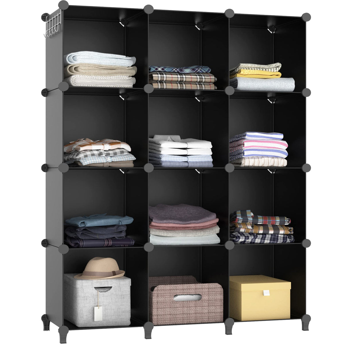 HOMIDEC 12-cube organizer front view shows organized space and sleek black design.