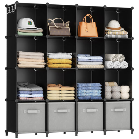 HOMIDEC 16-cube storage organizer in black, front view for tidy clothing storage