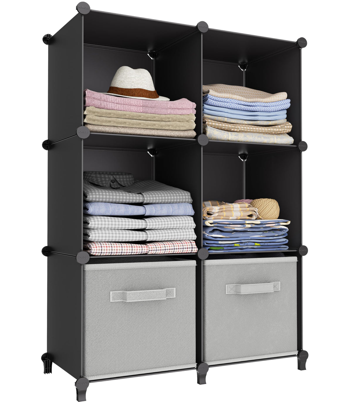 HOMIDEC 6-Cube storage assembly shows modular panels for flexible setup.