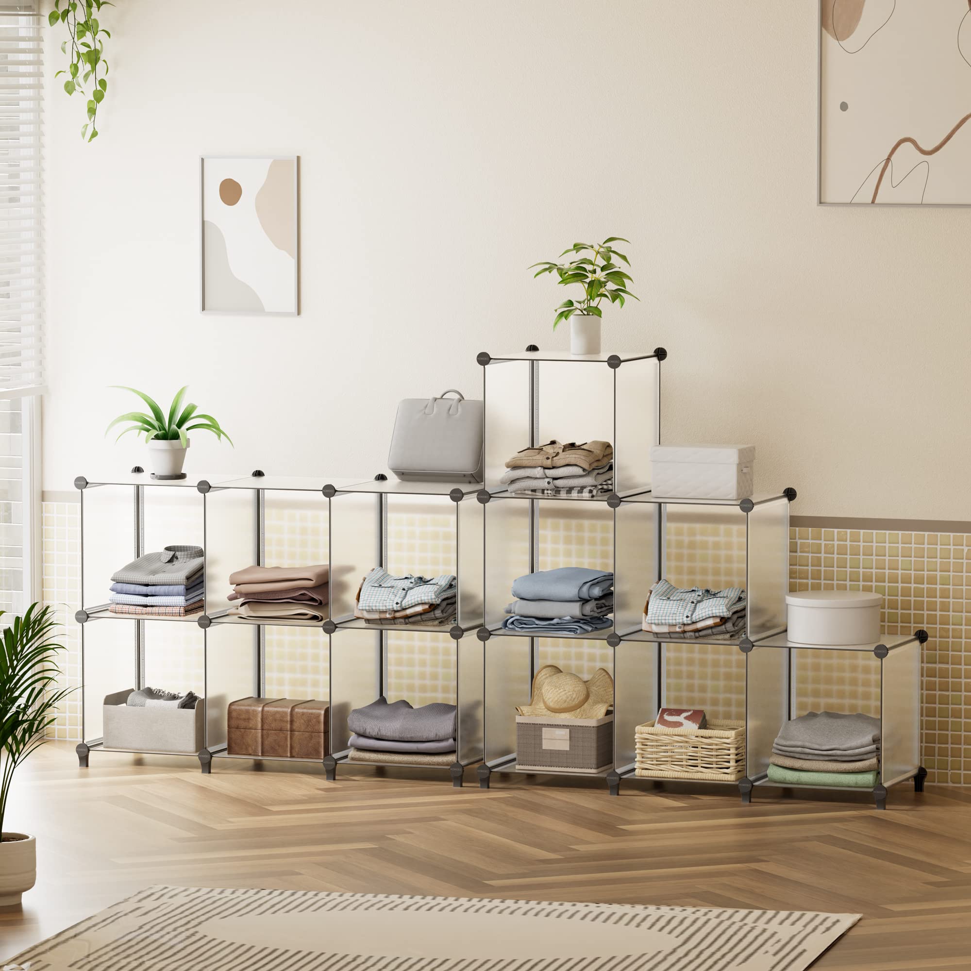 HOMIDEC 6-Cube storage bin organization highlights fabric bins that fit 11 inch shelves