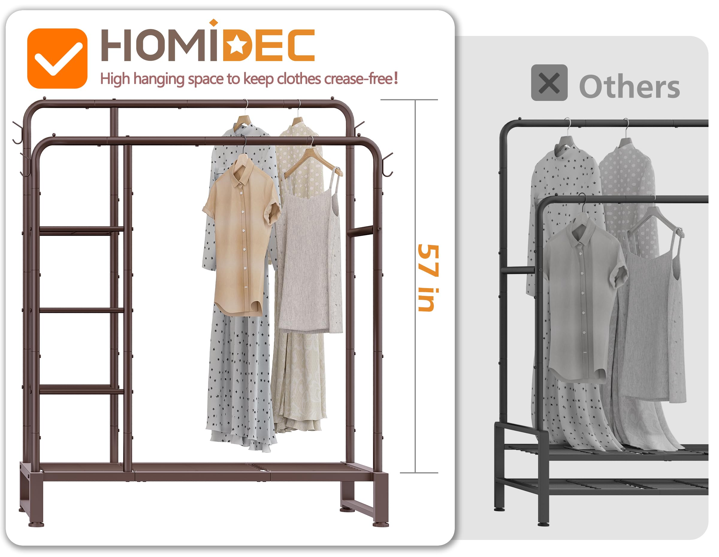 HOMIDEC brown finish clothes rack blends with decor and keeps items accessible.