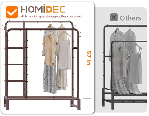 HOMIDEC brown finish clothes rack blends with decor and keeps items accessible.