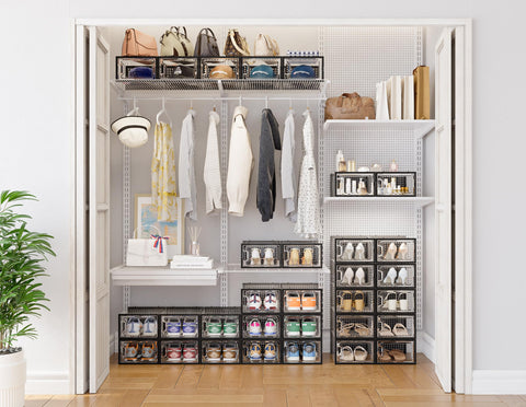 HOMIDEC clear shoe boxes in bulk pack aiding easy closet organization