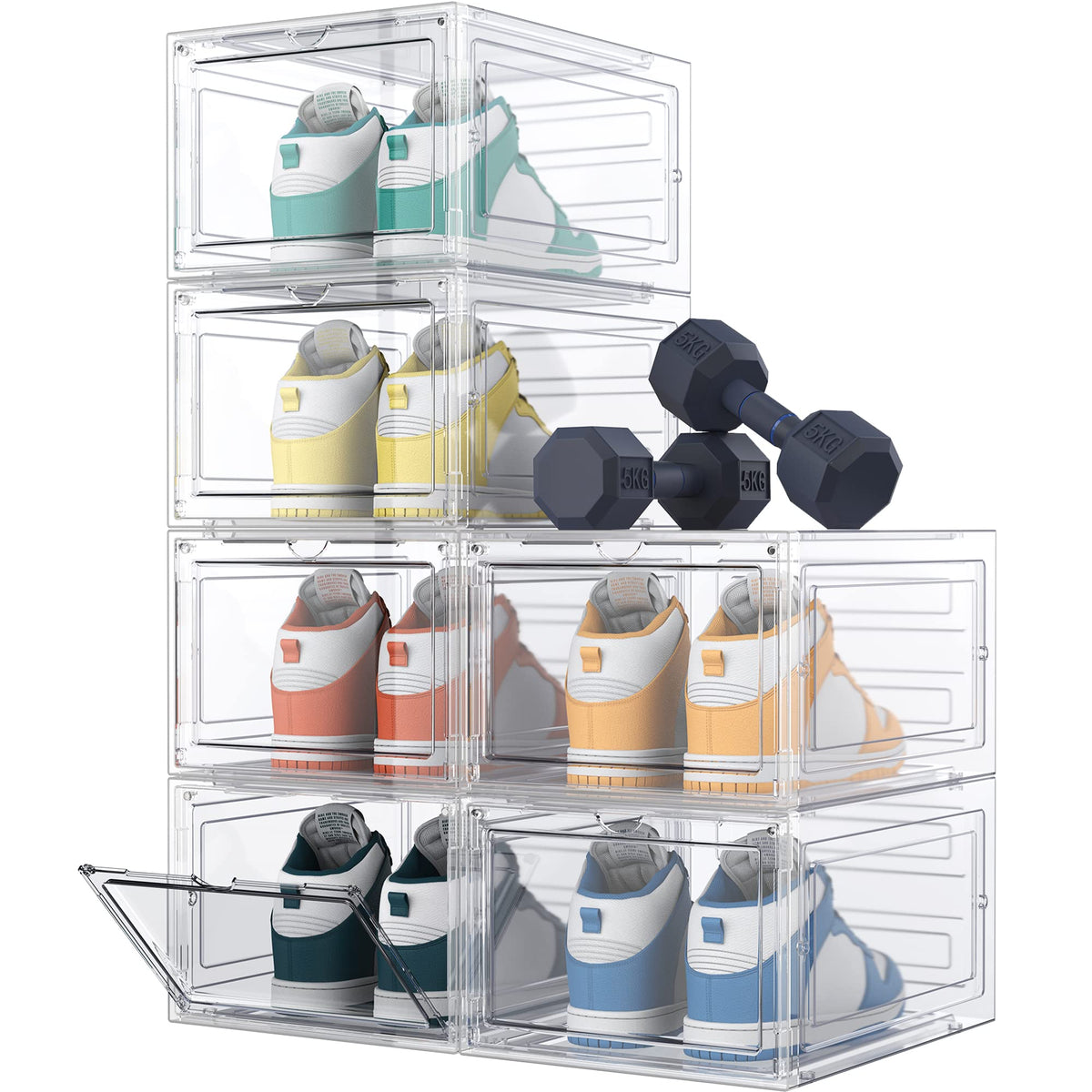 HOMIDEC clear shoe storage box front view shows easy access