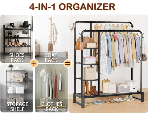 HOMIDEC clothes rack with side hooks for extra hanging and accessories.