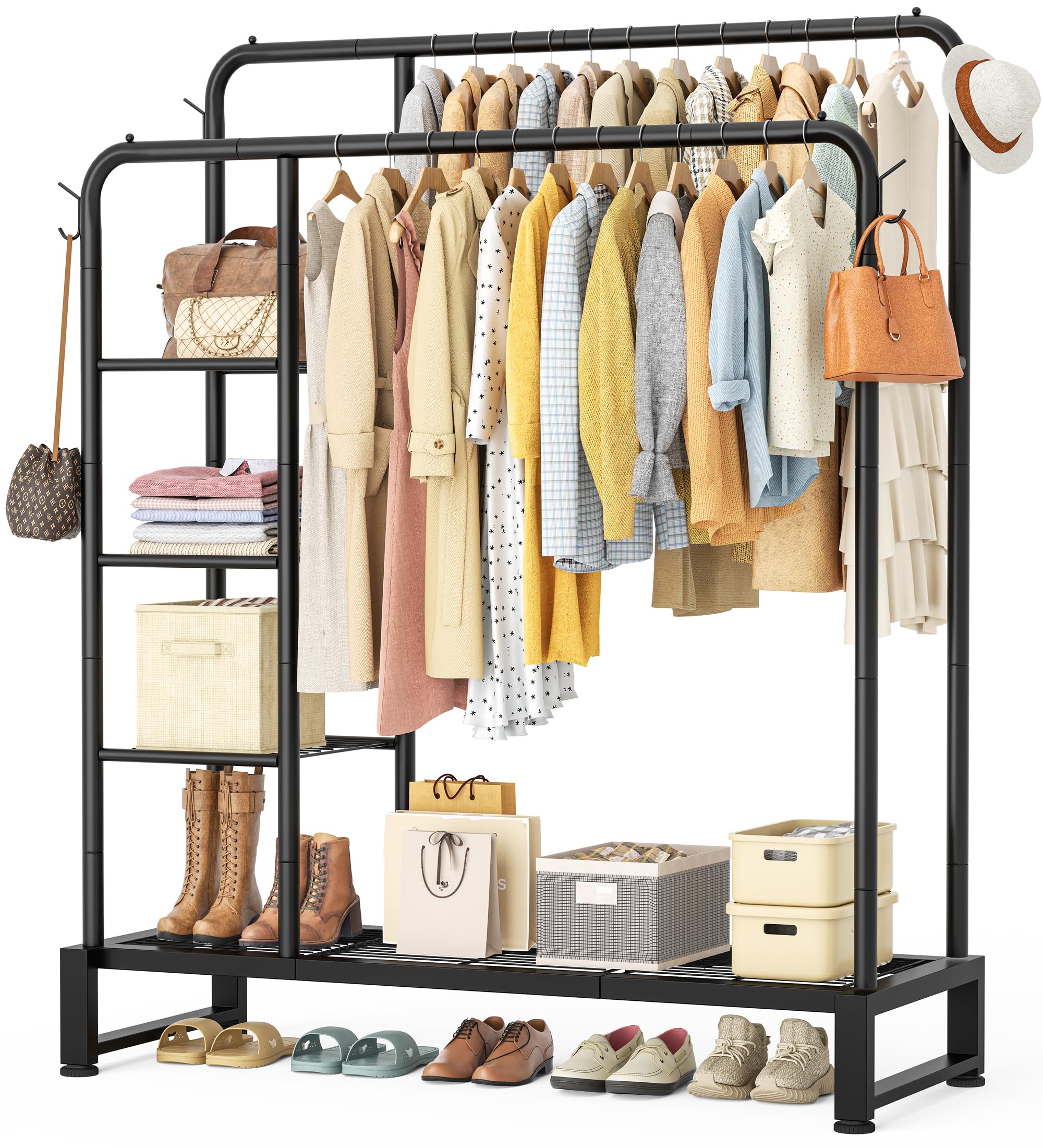 HOMIDEC double rods clothes rack assembled view with sturdy frame and spacious hanging area.