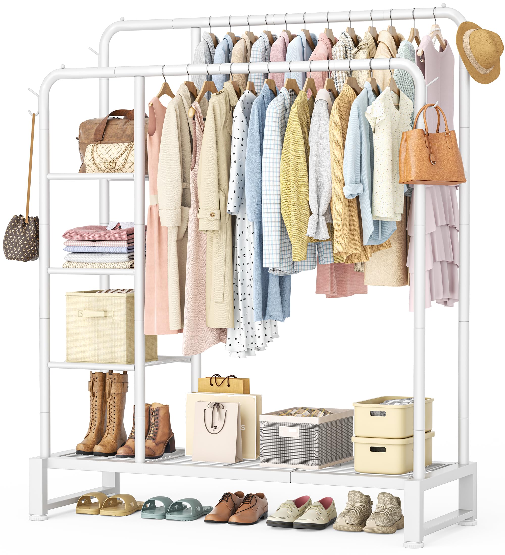 HOMIDEC double rods clothes rack front view with dual hanging levels for organized storage.
