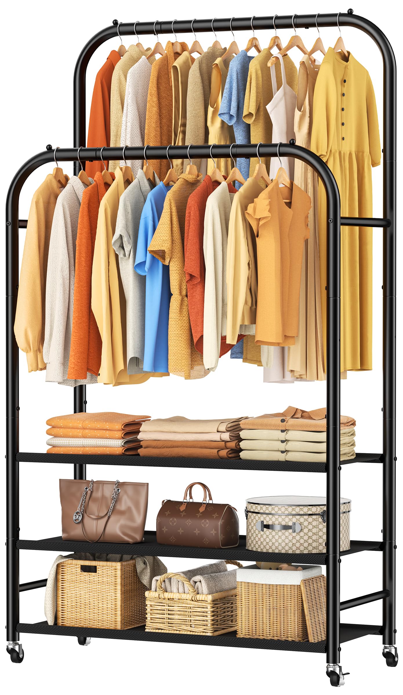 HOMIDEC double rods rack showing ample hanging space for dresses and coats