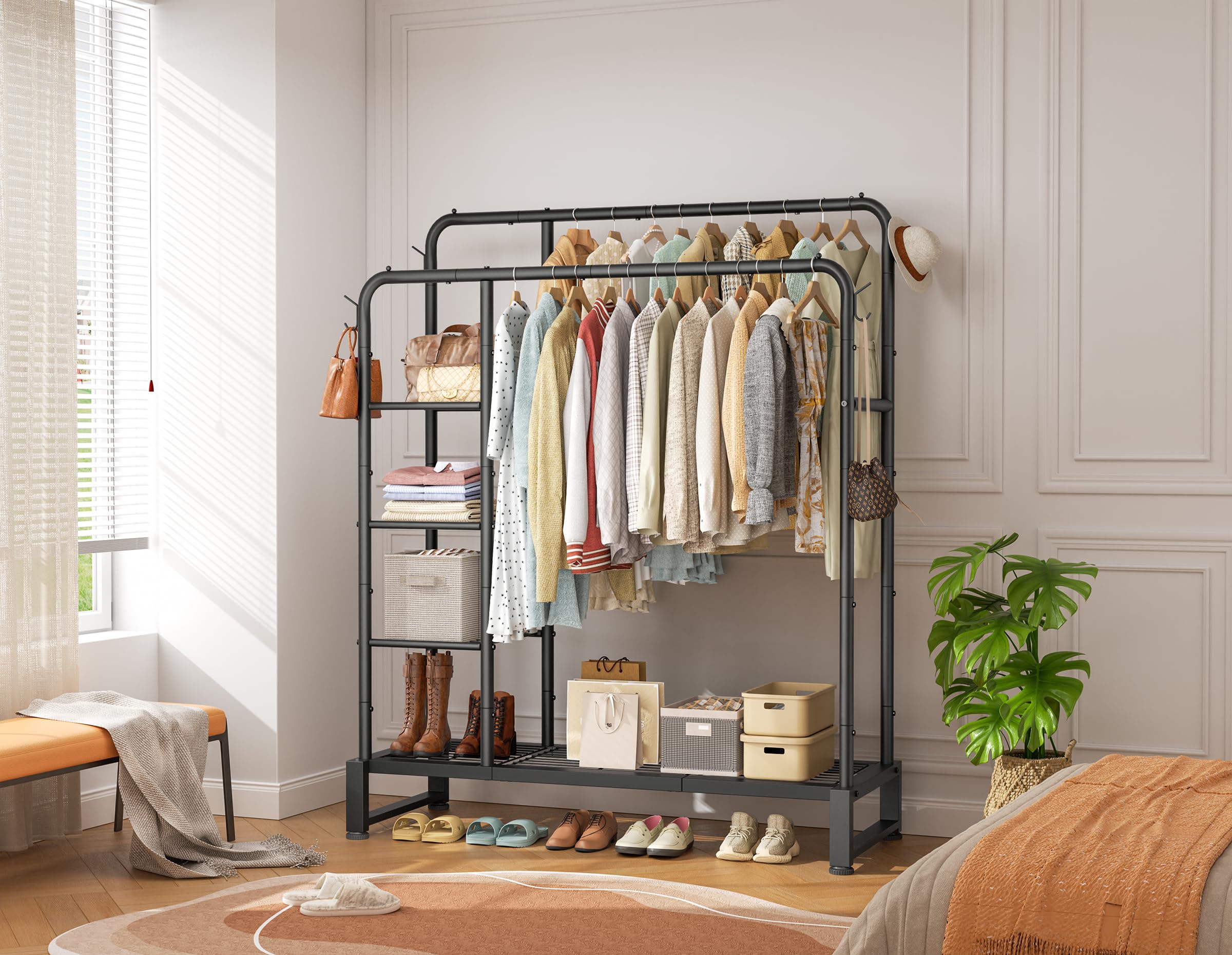 HOMIDEC double rods clothes rack side storage shelves organized folded items.