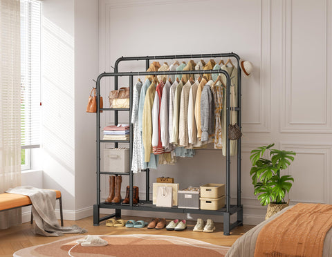 HOMIDEC double rods clothes rack side storage shelves organized folded items.