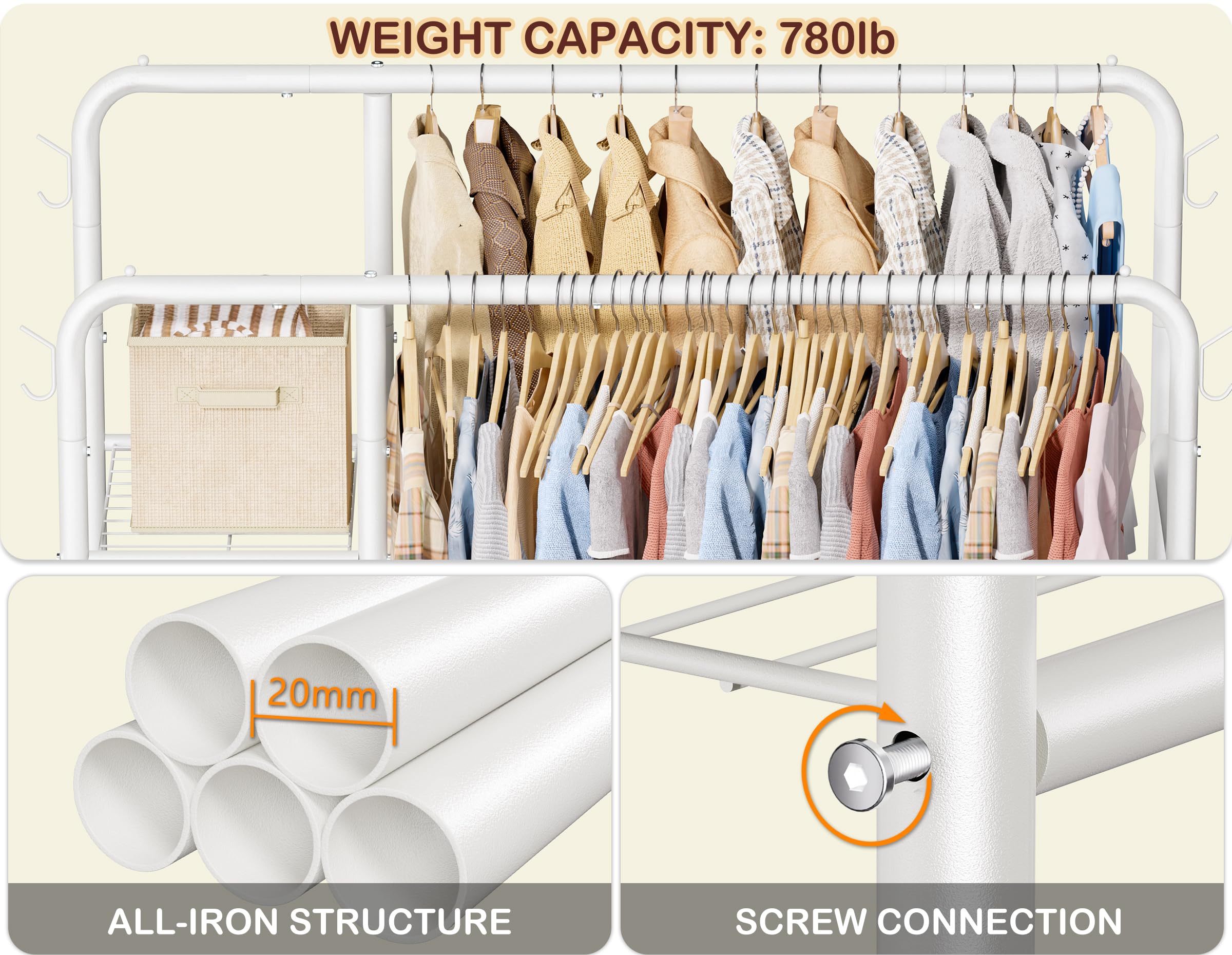 HOMIDEC dual-rod design showing upper and lower hanging options.