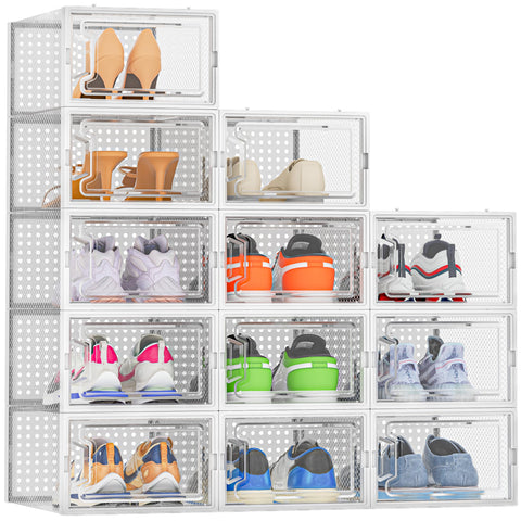 HOMIDEC 12-pack stackable shoe boxes provide clear visibility for quick closet checks.