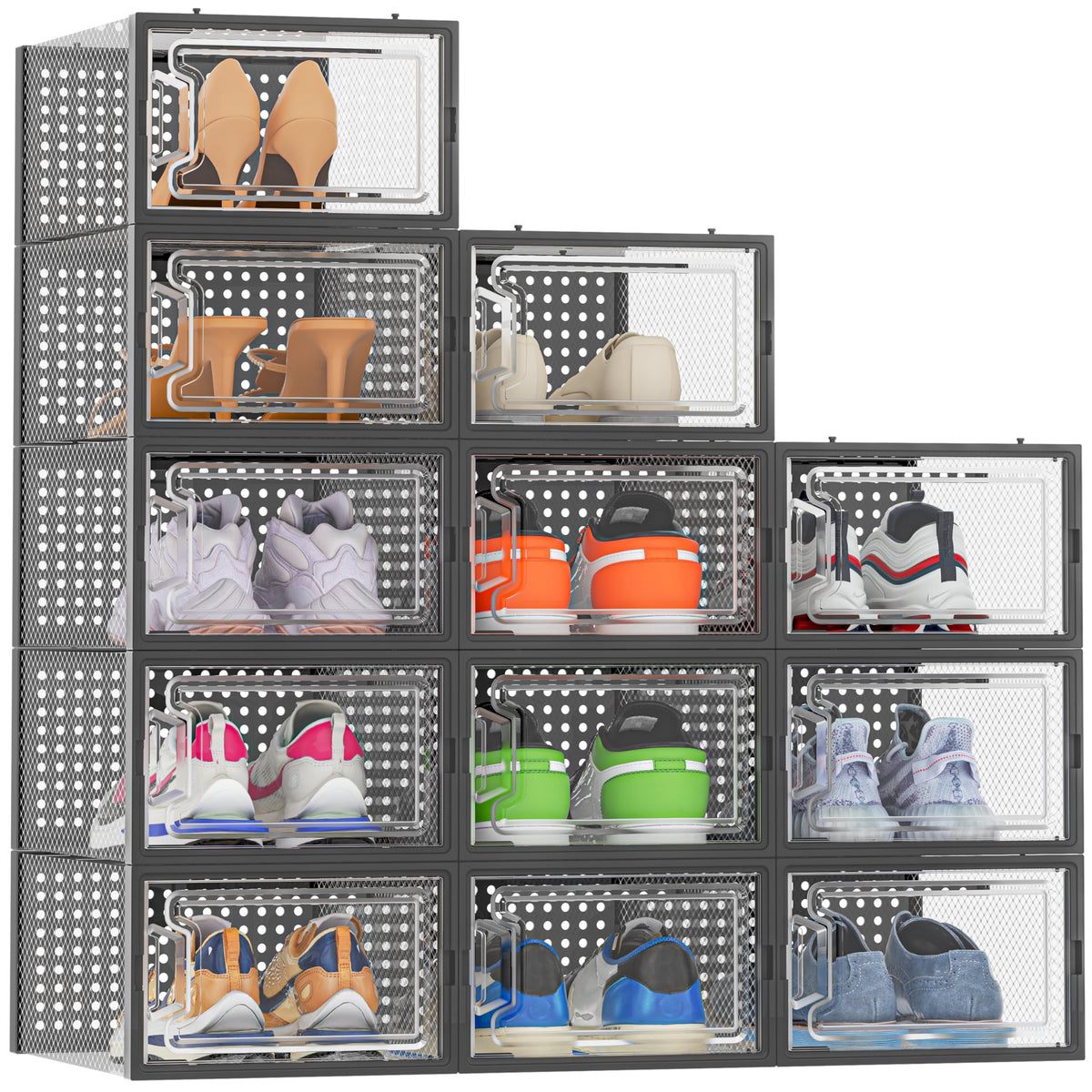 HOMIDEC shoe storage box front view with clear lid for quick identification