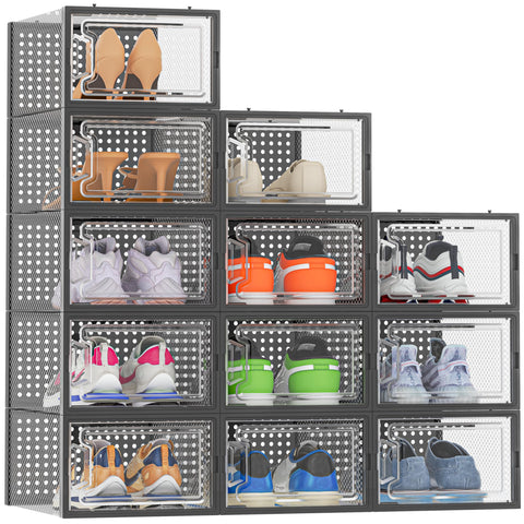HOMIDEC shoe storage box front view with clear lid for quick identification