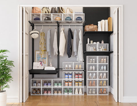 HOMIDEC clear shoe box with lid enables stackable closet organization.