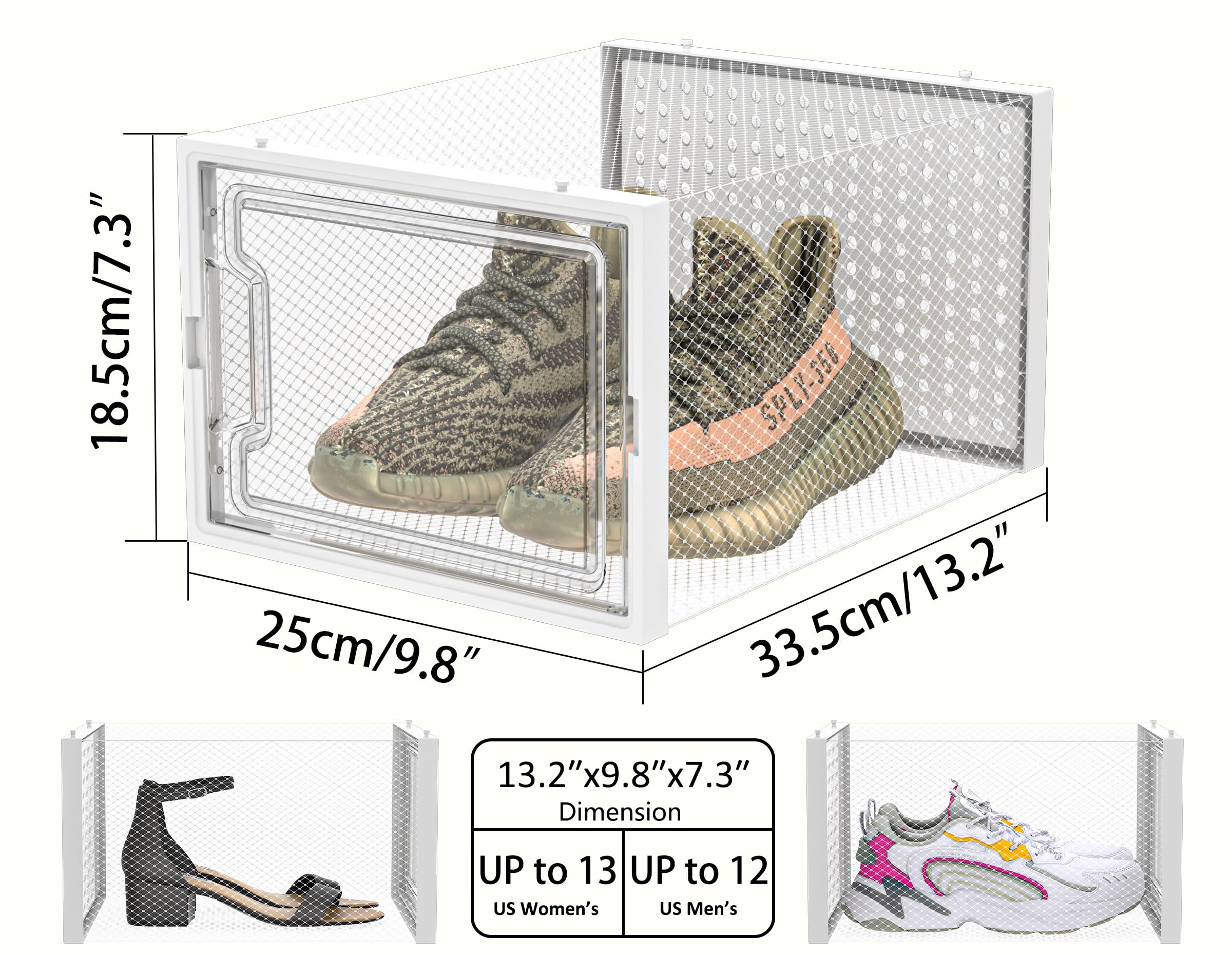 HOMIDEC stackable shoe boxes connect securely for easy row removal.