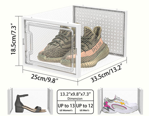 HOMIDEC stackable shoe boxes connect securely for easy row removal.