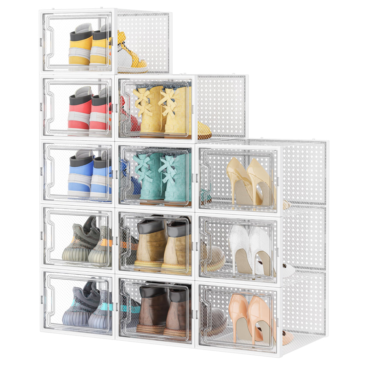 HOMIDEC transparent shoe storage box for easy closet visibility and organization.